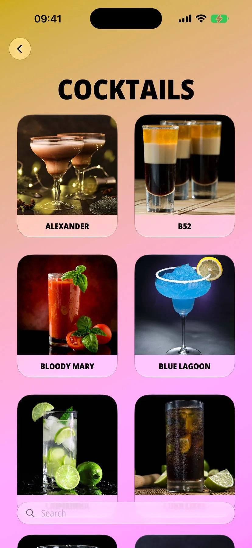 Cocktails grid with photos of Alexander, B52, Bloody Mary and Blue Lagoon