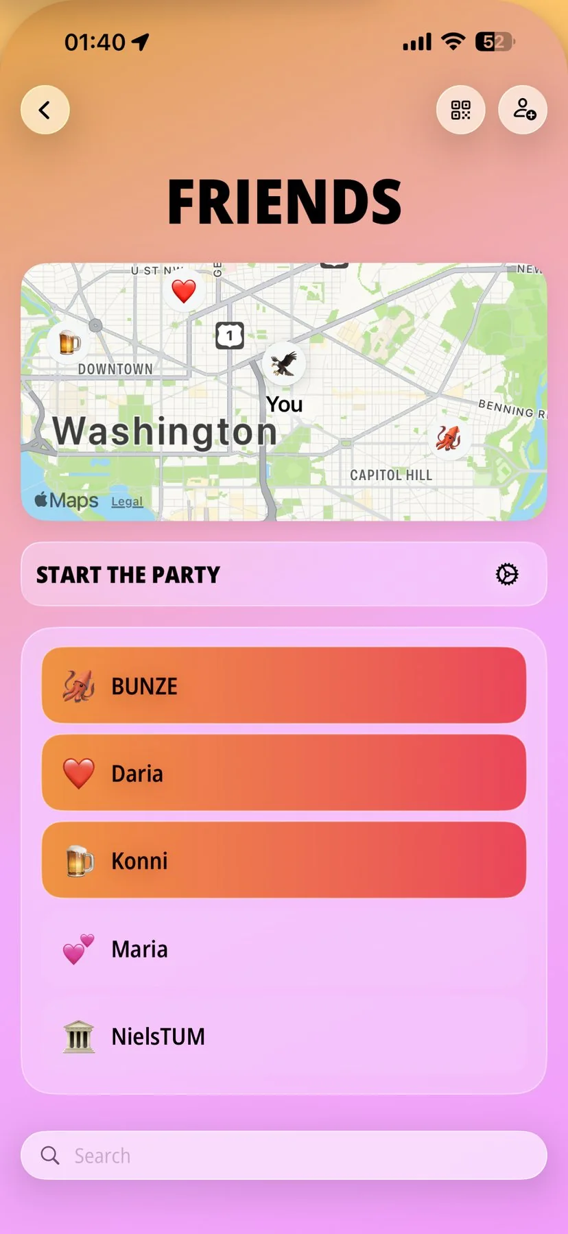Friends screen with a live party map, Start the Party button and friends list