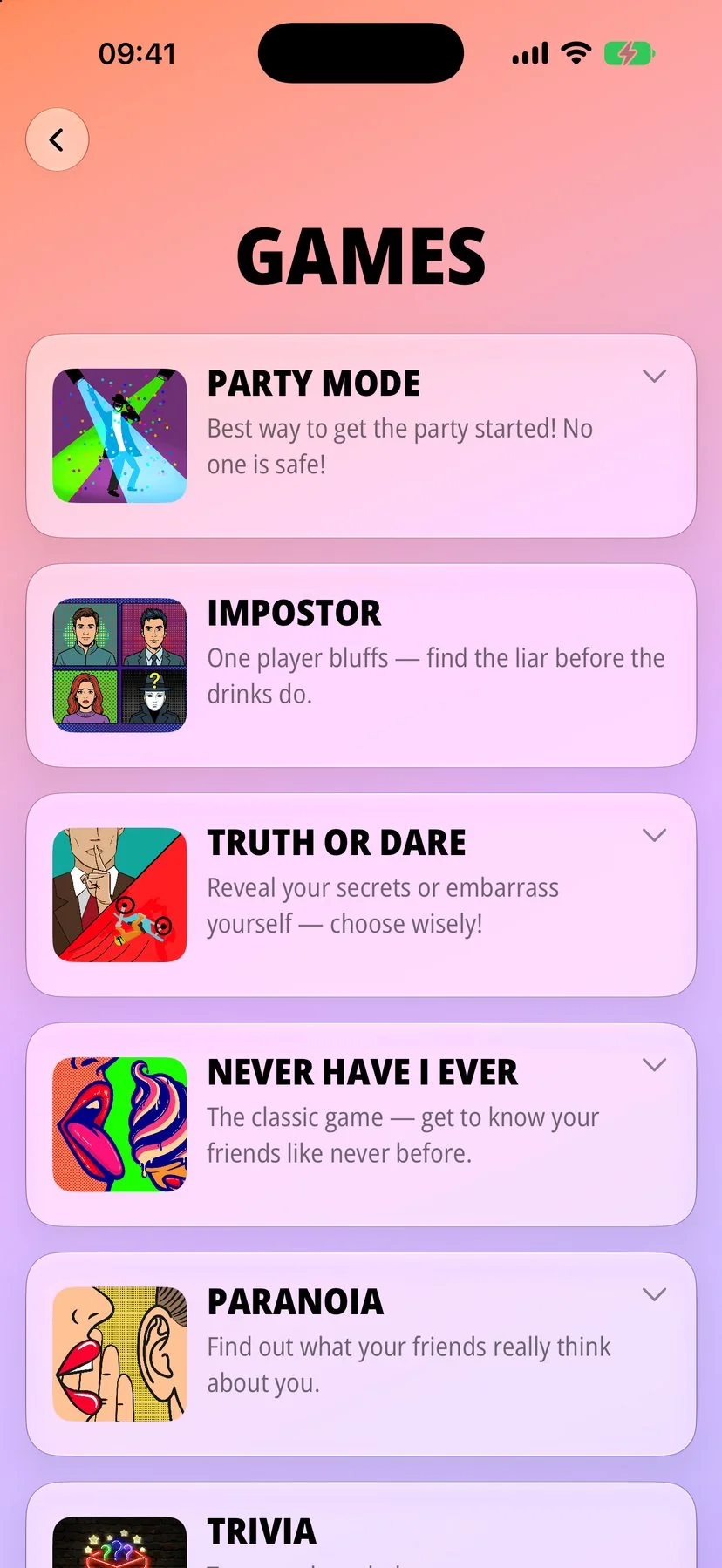 Games menu listing Party Mode, Impostor, Truth or Dare, Never Have I Ever and Paranoia