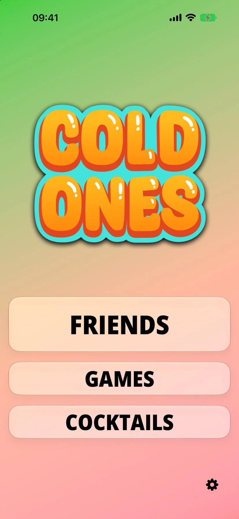 Cold Ones home screen with Friends, Games and Cocktails buttons