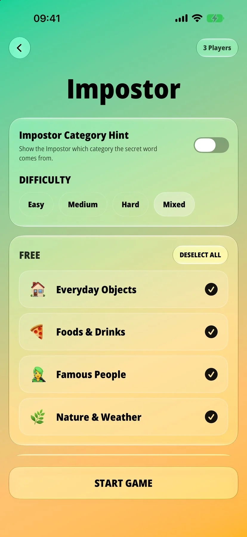 Impostor setup with difficulty picker and word categories