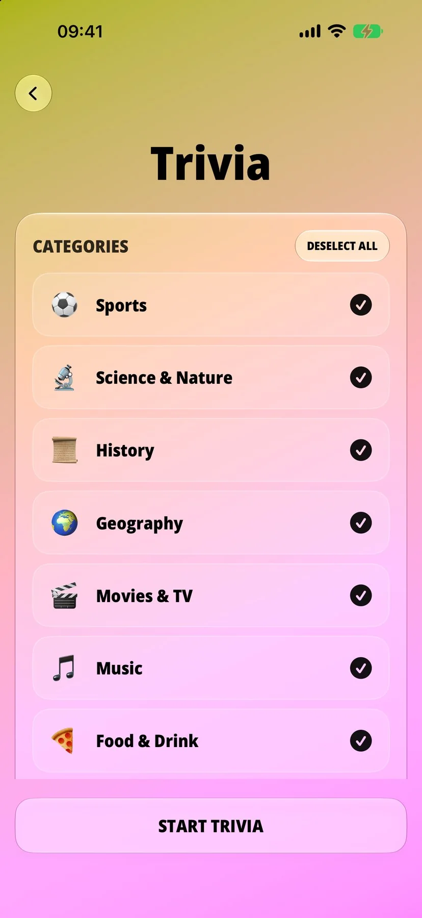 Trivia category picker with Sports, Science, History and more